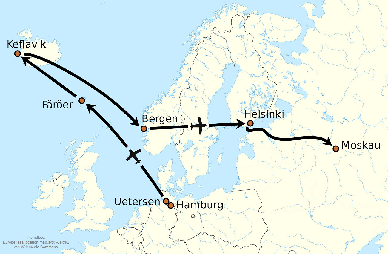 Flugroute von Mathias Rust nach Moskau